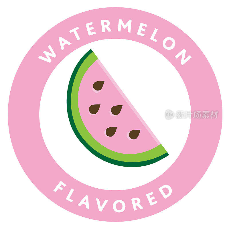 完整和切片的新鲜水果西瓜片与文字彩色圆形标签图标