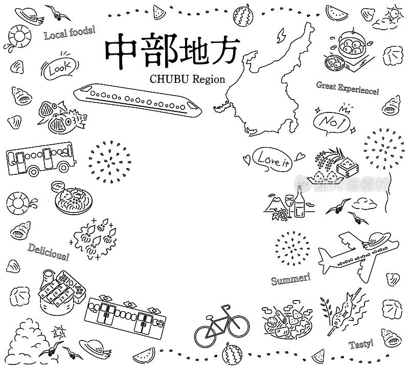 日本中部地区夏季美食旅游标志套装(线条画黑白)