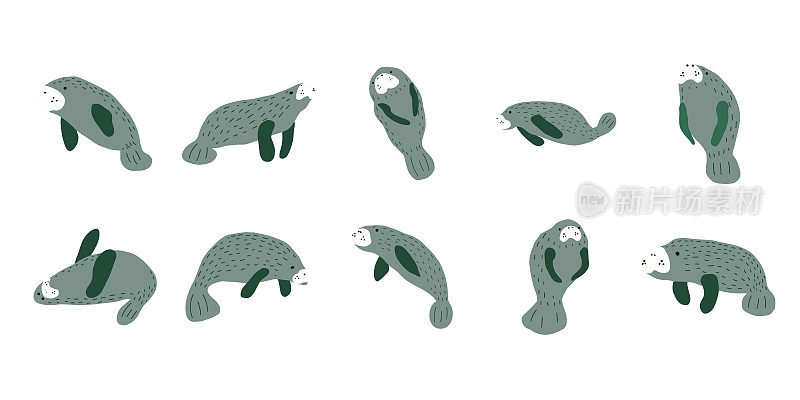 海牛。斯堪的纳维亚海底风格。拯救海牛的概念。角色设计。矢量插图孤立在白色背景上。