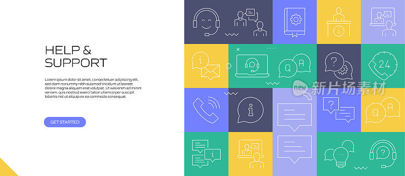帮助和支持网络横幅与线性图标，新潮的线性风格矢量