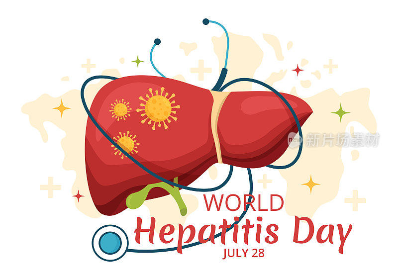 世界肝炎日矢量插图患者患病的肝脏，癌症和肝硬化在卫生保健平面卡通手绘登陆页模板