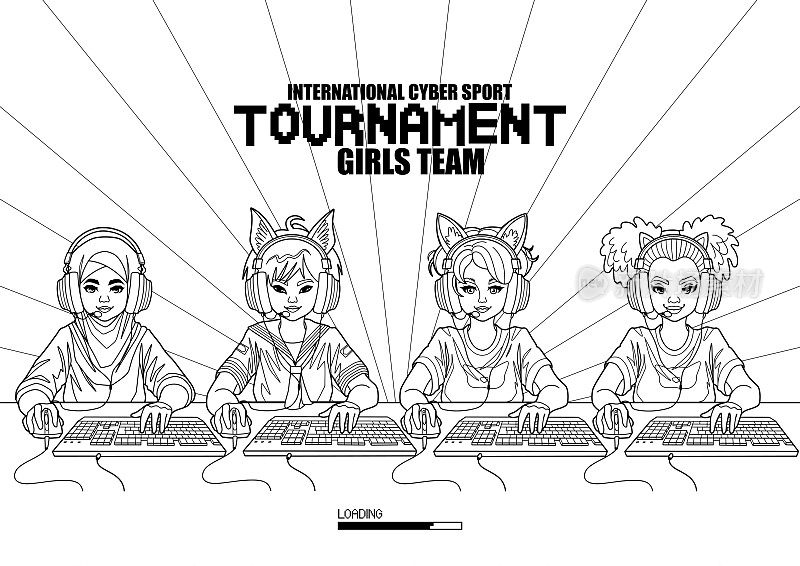 不同的团队的女孩玩家或流与猫耳耳机坐在电脑前