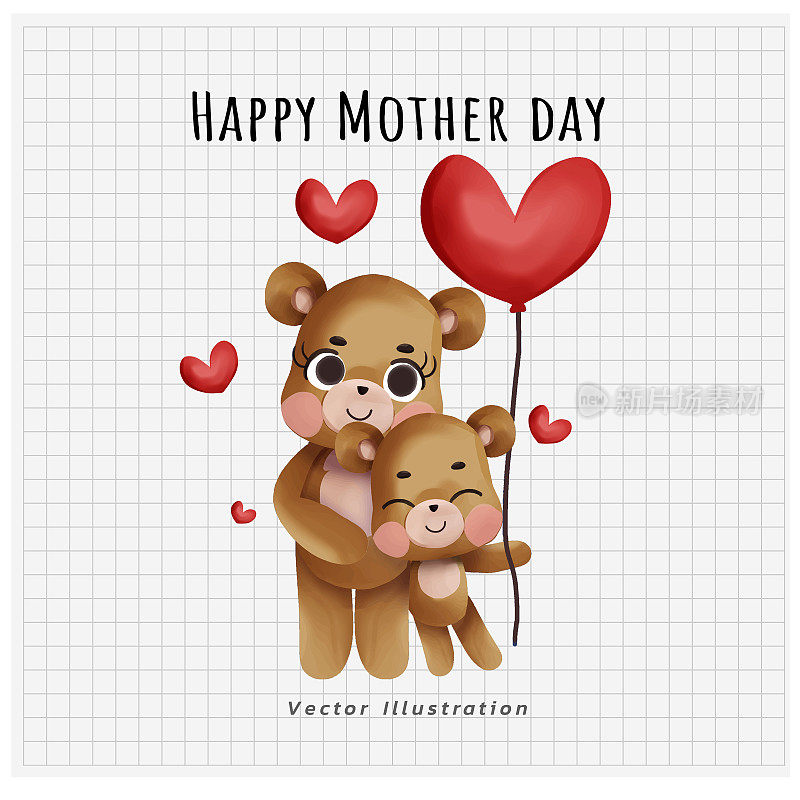 贺卡上泰迪熊妈妈抱着她的宝宝。泰迪熊在母亲节拥抱妈妈。矢量图