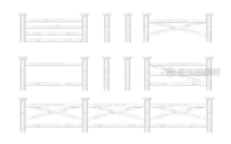 一套卡通构图的栅栏，由白色的木材与纹理。木桩，栅栏，大门和杆子，围栏栏杆，栏杆。白色背景上的数字插图