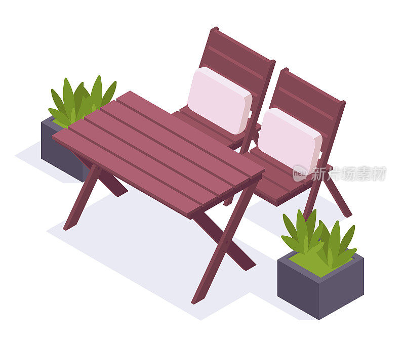 花园家具套装。等距桌子和椅子，木制舒适的后院或露台家具3d矢量插图