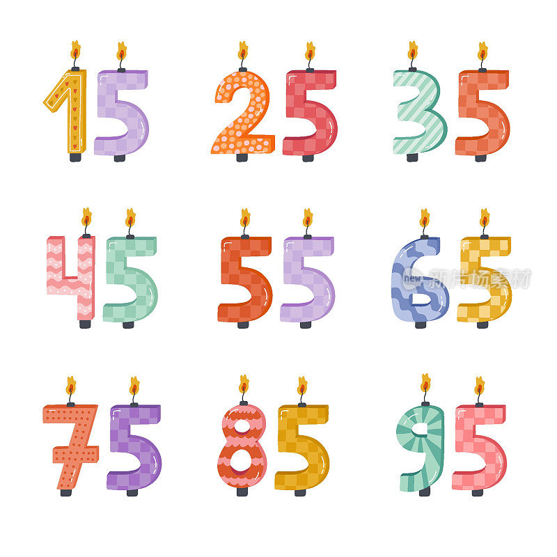 可爱的生日数字蜡烛从0到9与燃烧的火焰斯堪的纳维亚风格。装饰节日蛋糕，庆祝周年，生日，婚礼。风格化手绘剪贴画。