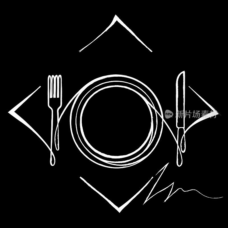 叉子，刀子，盘子。餐具——放在餐巾上。在黑色背景上用一条白线绘制。线性风格的简单抽象素描。图标为早餐，午餐，餐厅，菜单。矢量图