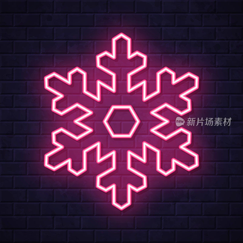 雪花。在砖墙背景上发光的霓虹灯图标