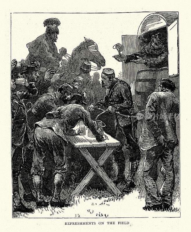 英国志愿军，战场上的茶点，布莱顿志愿军检阅的素描，1872年