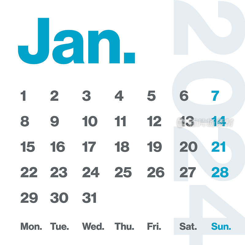 2024年1月-月历。极简风格的方形日历。向量模板。这一周从星期一开始