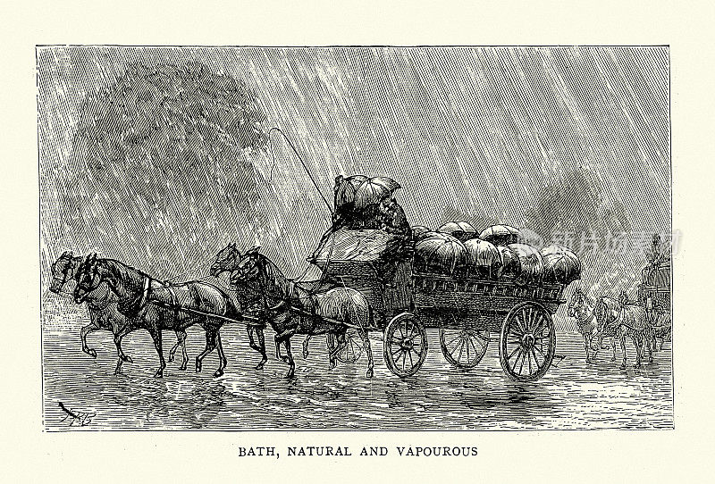 19世纪，1888年，一辆敞篷马车上的乘客，撑着雨伞