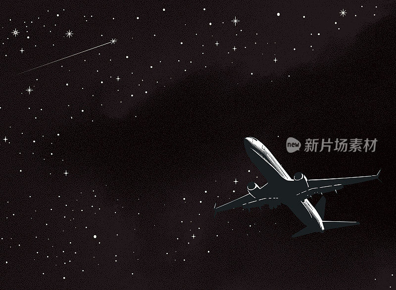 点画插图的飞机，夜空和星星