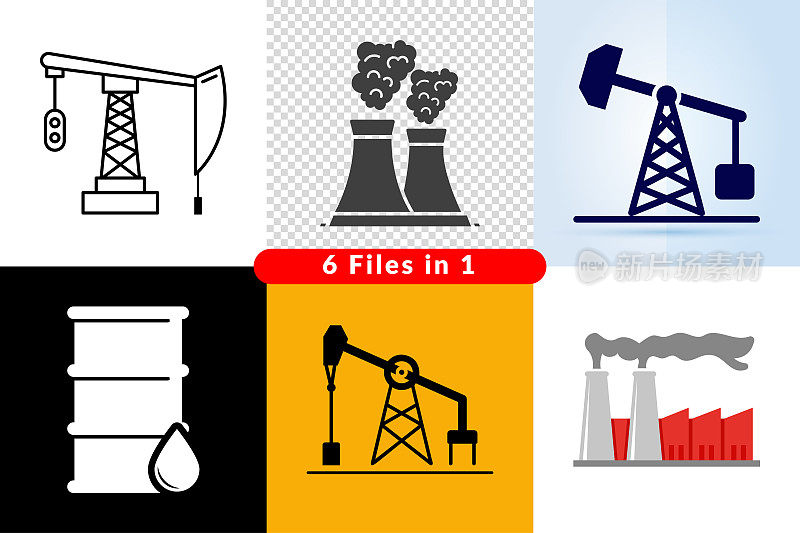 石油工业图标、工厂烟囱、污染……