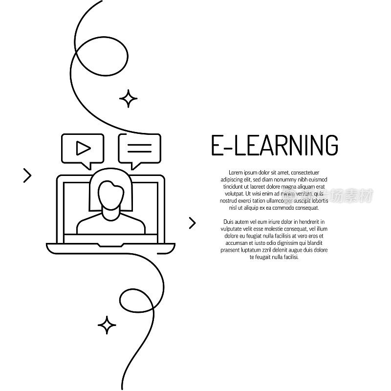 电子学习图标的连续线条绘制。手绘符号矢量插图。