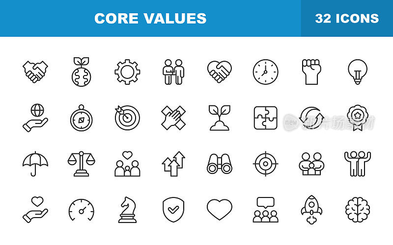 核心价值线图标。可编辑的中风。包含责任、愿景、商业伦理、法律、道德、团队合作、成长、信任、质量、创新、团队合作、慈善等图标。