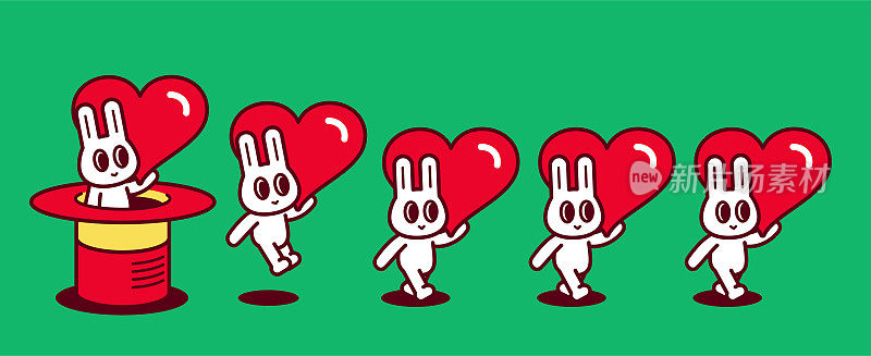 一群可爱的兔子，每个都带着一颗大爱心，不停地从魔法帽子里跳出来，走直线