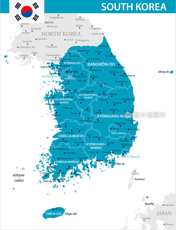 韩国地图-矢量插图