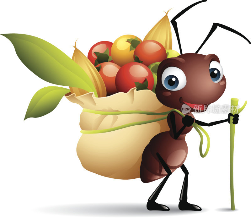 卡通图像的蚂蚁与装满浆果的袋子