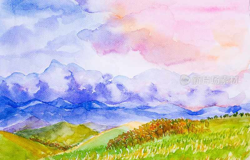 山川景观用五颜六色的天空水彩画