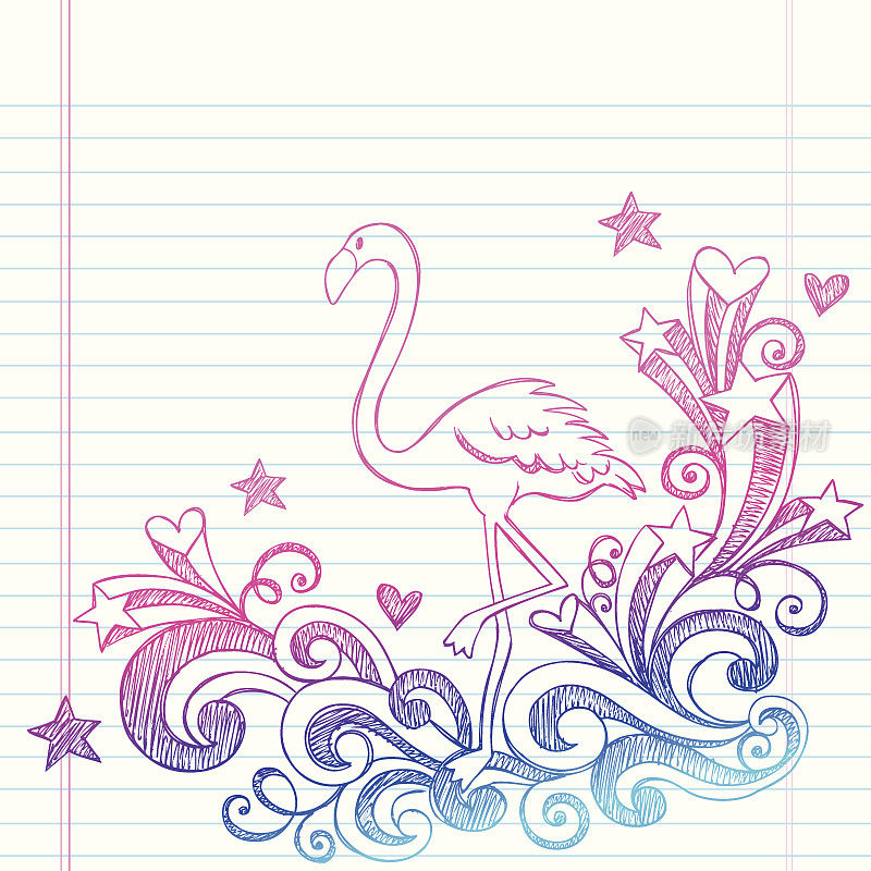 手绘的粉红色火烈鸟涂鸦