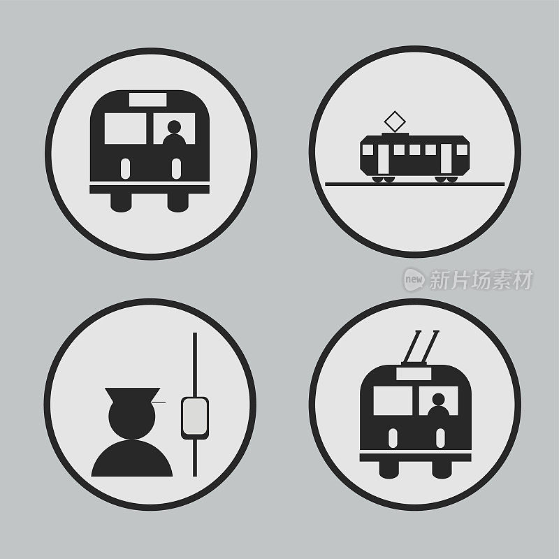 城市交通:公交车、有轨电车、无轨电车和售票员的图标和矢量。
