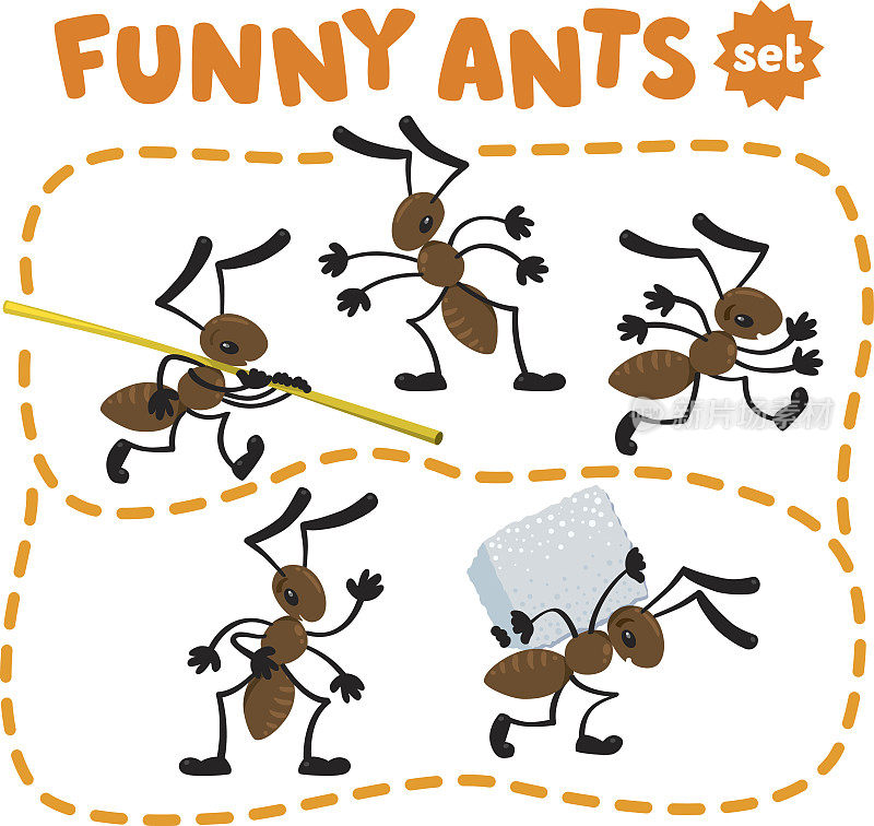 有趣的小蚂蚁集合。儿童矢量图