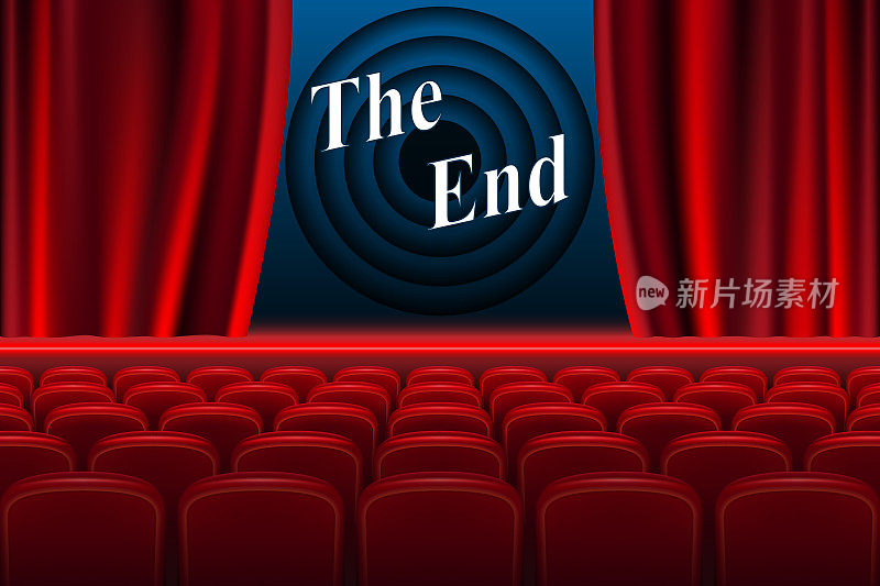 场景电影结束背景。逼真的电影院大厅内部与红色的座位。矢量图