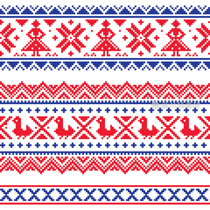 萨米人带或皮带矢量设计，拉普兰十字绣矢量图案，斯堪的纳维亚民间艺术，北欧风格