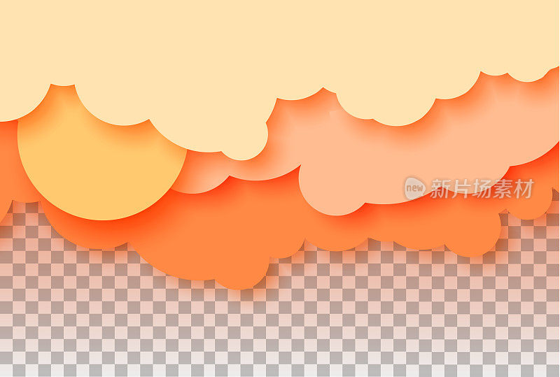 三维抽象剪纸粉彩橙天空，太阳和云彩。矢量彩色模板。