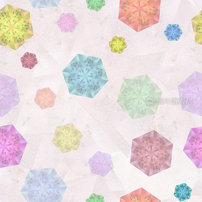无缝模式与多色混乱的六边形在淡粉色的背景。六角形设计元素:万花筒效果的宏观杜鹃花