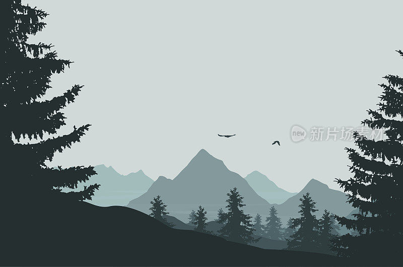向量复古的山地景观与森林下的灰色天空与云和飞翔的鸟