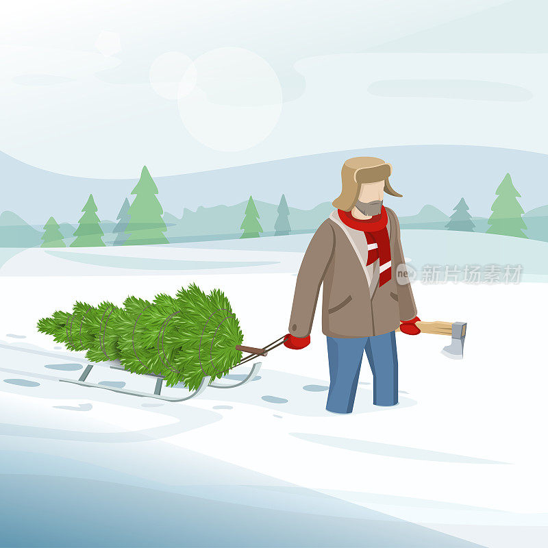 一名男子用雪橇扛着一棵圣诞树。潮人在冬天的衣服与斧头。伐木工人为了过节砍了一棵圣诞树。圣诞贺卡或复古海报。