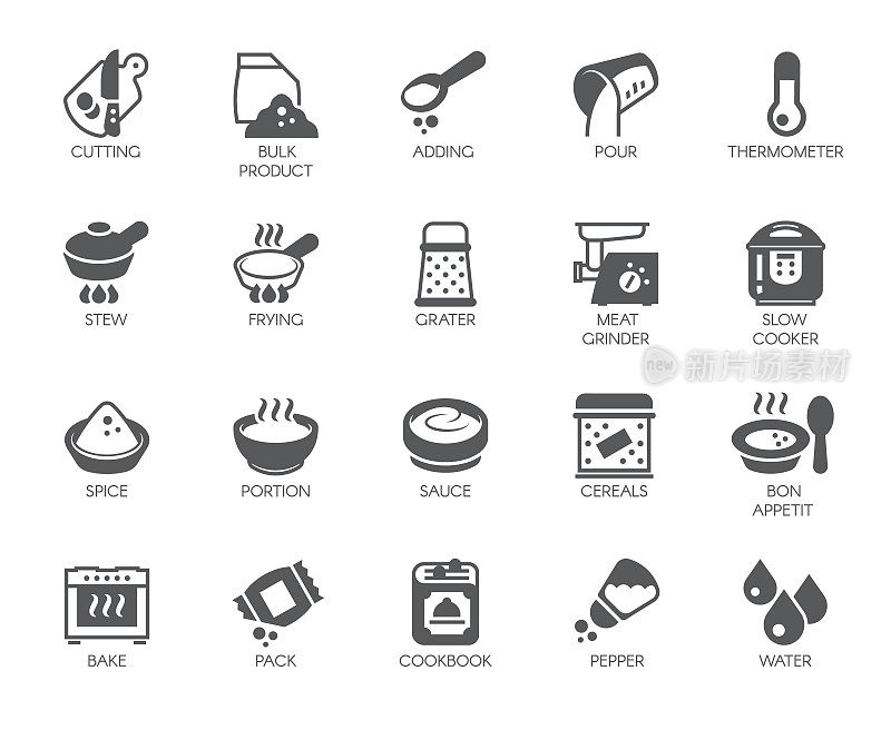 烹饪主题上的一组图标孤立在白色背景上。烹饪项目的平面标签。矢量图