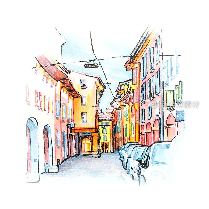 意大利博洛尼亚的中世纪街道。草图
