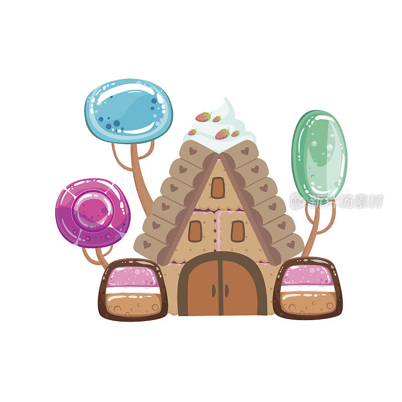 童话房子与糖果树幻想土地甜蜜的景观元素