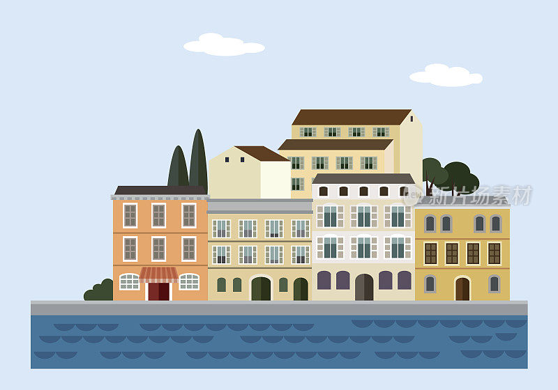 地中海的风景。意大利或克罗地亚的一个小镇，有五颜六色的老房子。平面设计。矢量图
