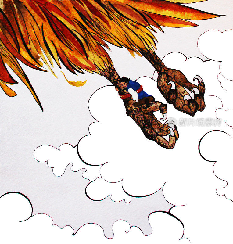 辛巴德对大鹏，神话中的鸟，手绘水彩插画