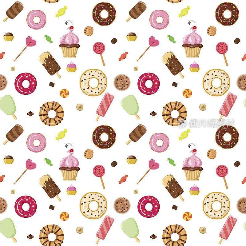 冰淇淋甜甜点甜甜圈饼干图案无缝背景矢量纹理抽象。糖果店糖果店包装纸模板。模式集合。