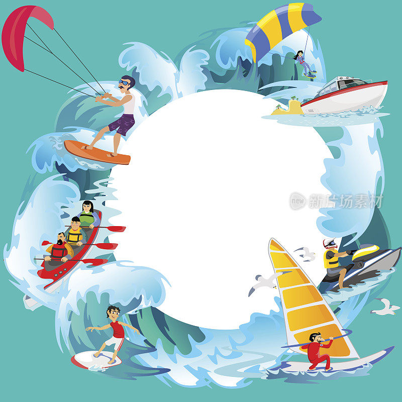 一套水极限运动背景，孤立的设计元素暑假活动的乐趣概念，卡通海浪冲浪，海滩矢量插图，活跃的生活方式冒险