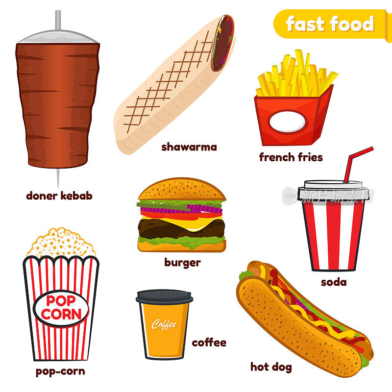 一套彩色卡通快餐插图。汉堡，热狗，薯条，汽水，沙瓦玛，爆米花，烤肉串和咖啡