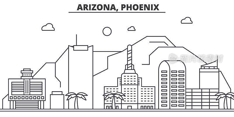 亚利桑那州，凤凰城建筑线天际线插图。线性向量的城市景观与著名的地标，城市景观，设计图标。风景与可编辑的笔触