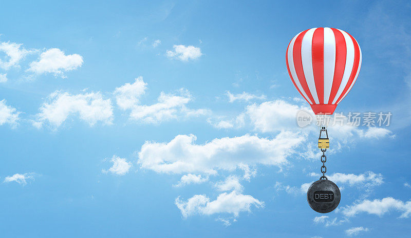一个带条纹的热气球在天空中飞行的3d渲染，被一个破坏球压着，上面写着一个词债务o