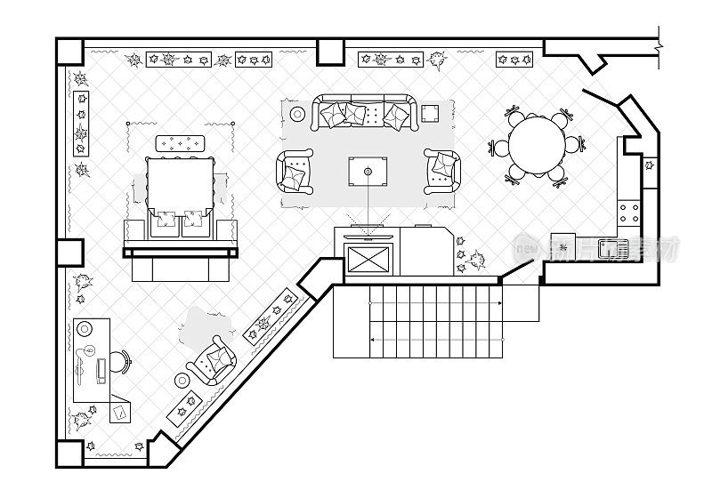 平面图，俯视图。室内设计平台。这小屋是一个有顶棚的阳台。公寓和家具的布局。