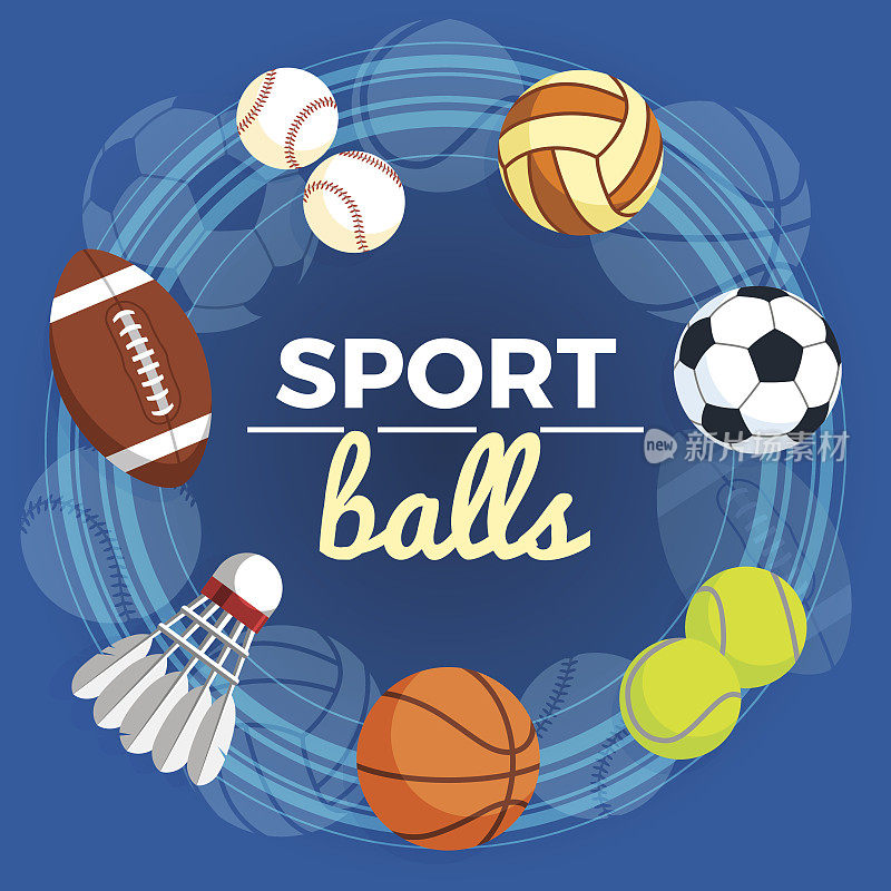 以蓝色为背景的一组彩色运动球。橄榄球，排球，篮球，足球，棒球，网球和羽毛球。矢量插图。