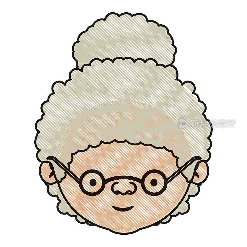 彩色蜡笔剪影的脸祖母，一个卷曲的发髻和眼镜