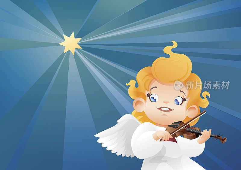 微笑着在夜空上飞翔，孩子天使，音乐家小提琴家，小提琴手，对着一颗星星演奏