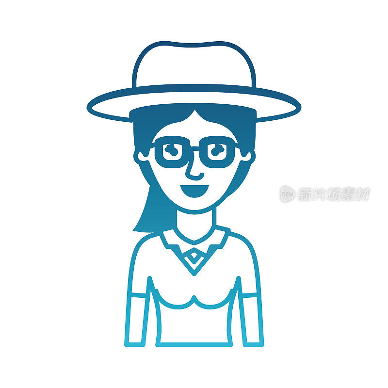 女人半身体与帽子和眼镜衬衫和马尾辫在退化的蓝色剪影