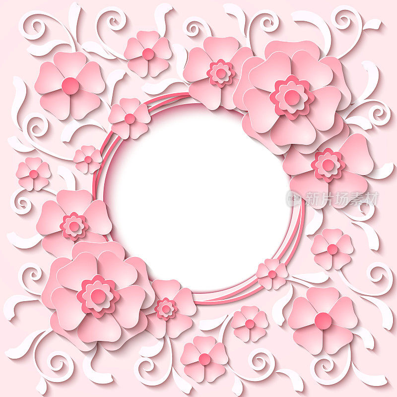 矢量复古圆形框架与3d淡粉色纸剪花
