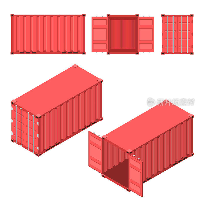 红色集装箱。平面和等距样式。