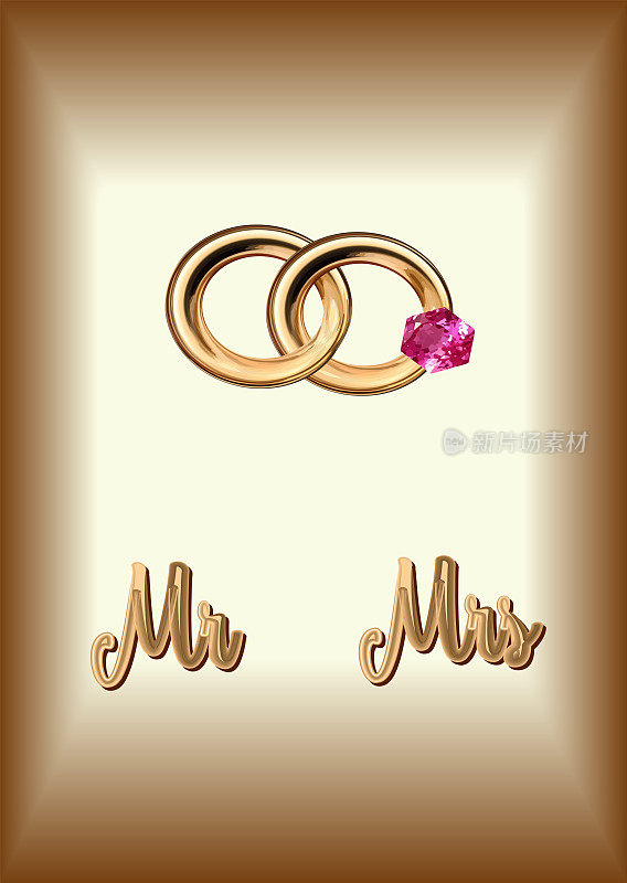 矢量铭文金字先生和夫人的金字背景，一对结婚戒指与红宝石为婚，孤立